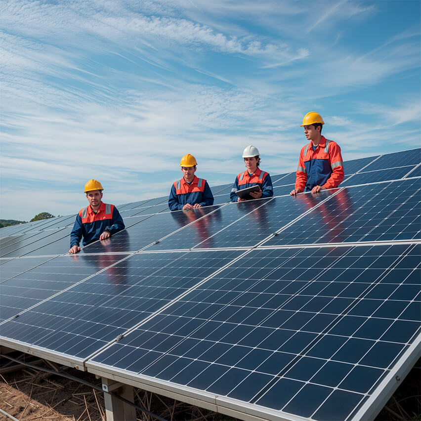 experts checking on solar panels
